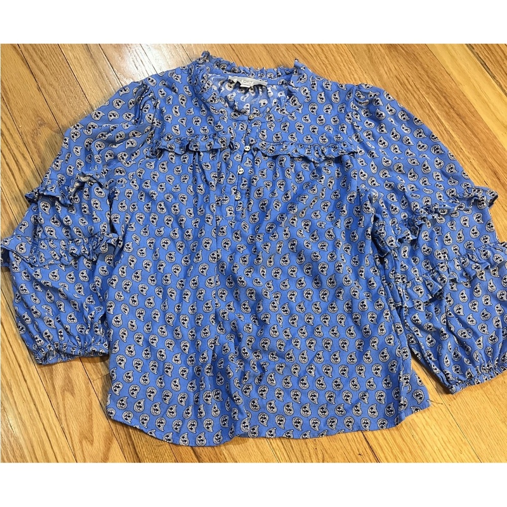 Loft Paisley Ruffle Cinched 3/4 Sleeve Top Size SP